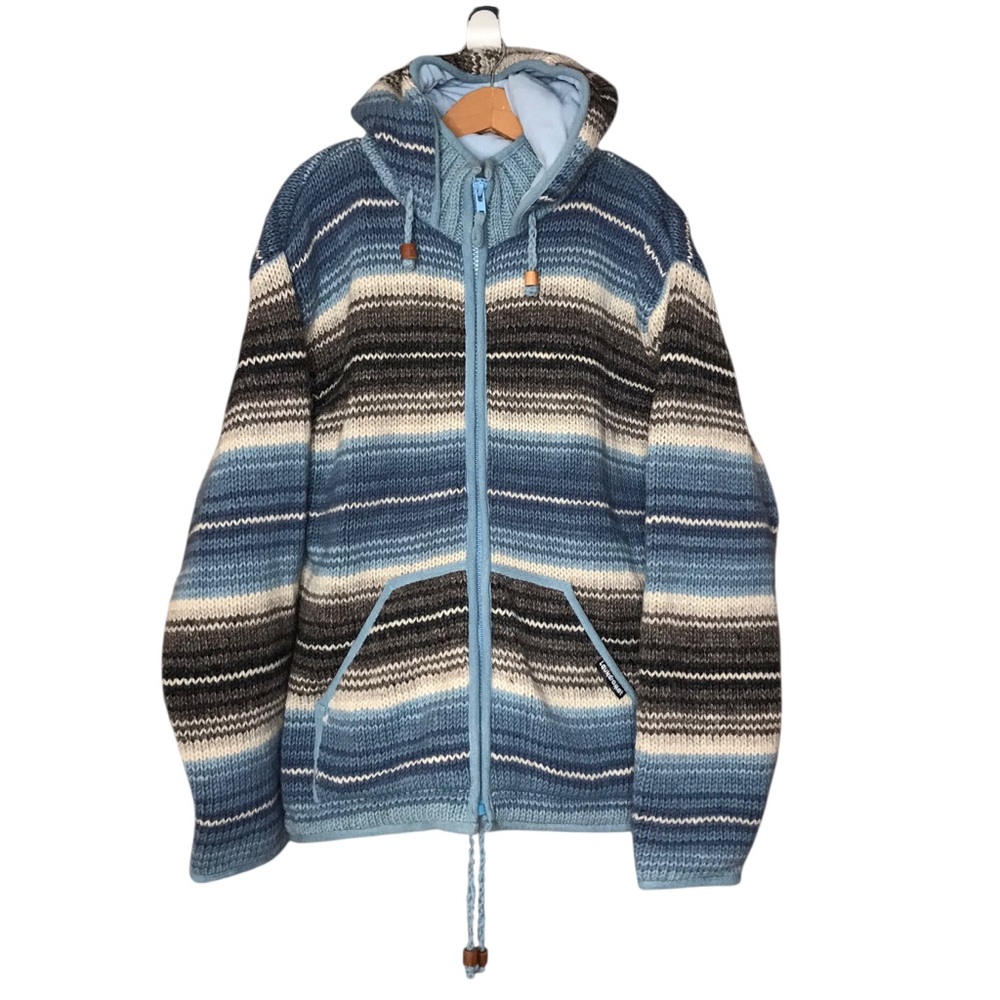 Laundromat Striped Blue Brown Cream Full Zip Wool Sweater Jacket Unisex Large